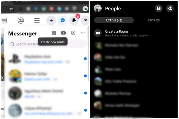 Fitur Messenger Rooms di web Facebook (kiri) dan aplikasi Messenger (kanan).