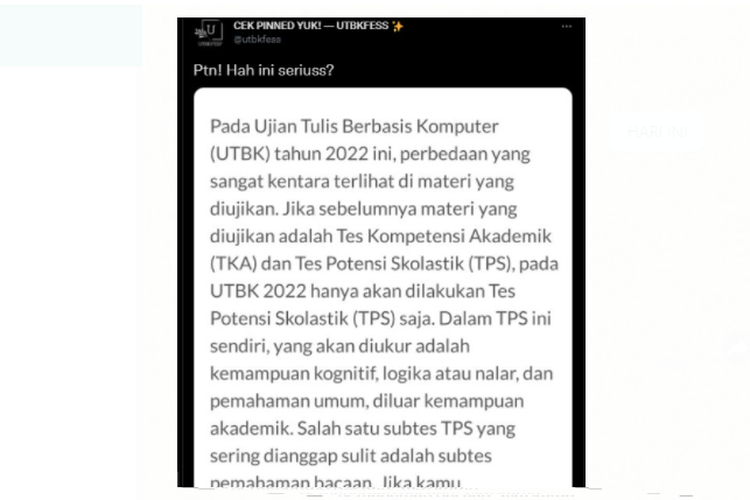 Tangkapan layar informasi yang menyebut pelaksanaan UTBK 2022 hanya materi TPS saja.