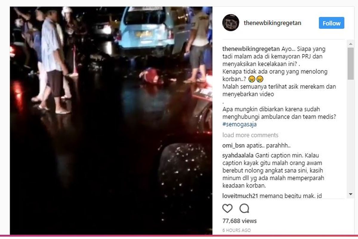 Video kecelakaan di Kemayoran Jakarta Pusat. Akun Instagram @thenewbikingregetan melaporkan, orang-orang hanya lalu lalang tak ada yang membantu korban. 