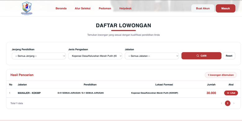 Tangkapan laman resmi rekrutmen Manajer Kopdes Merah Putih 2026. Lowongan kerja Manajer Kopdes Merah Putih. Link resmi rekrutmen Kopdes Merah Putih.