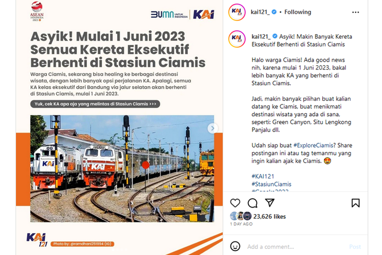 Tangkapan layar PT KAI memberlakukan semua kereta api (KA) eksekutif yang melalui Stasiun Ciamis, Jawa Barat berhenti untuk mengangkut penumpang di stasiun tersebut.