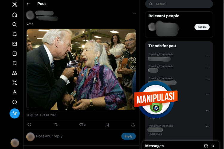 Tangkapan layar konten manipulatif di sebuah akun X, menampilkan Presiden Amerika Serikat (AS) Joe Biden menodongkan pistol ke mulut nenek-nenek.
