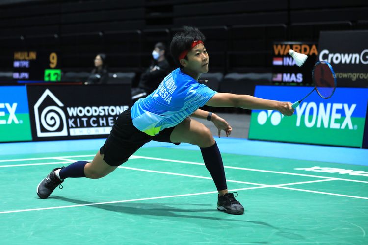 Putri Kusuma Wardani saat beraksi melawan wakil Malaysia, Soniia Cheach, dalam babak Australian Open 2022 di Quay Centre, Sydney Olympic Park, Sydney, pada Rabu (16/11/2022).