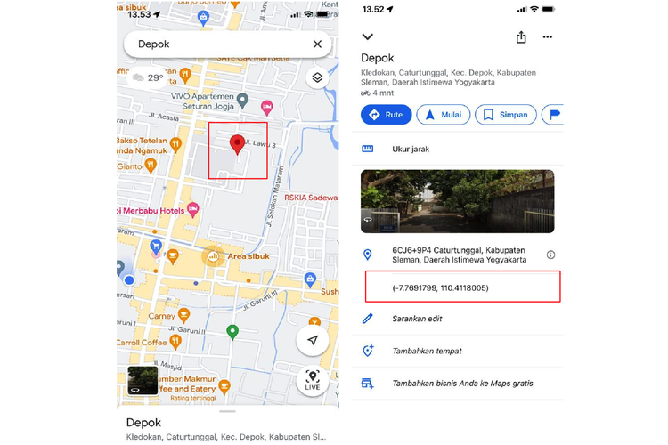 Ilustrasi cara mencari titik koordinat di Google Maps pada lokasi yang tidak terdata