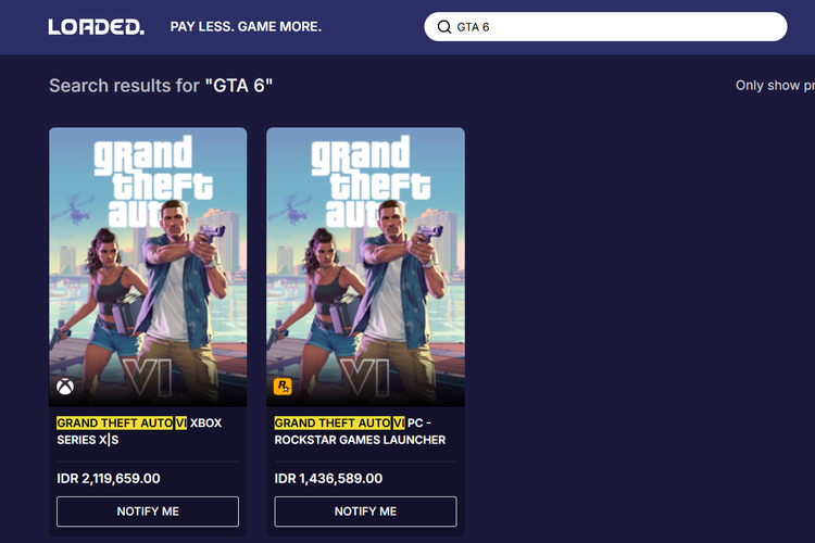 Bocoran harga game GTA 6 di toko game digital Loaded.com.
