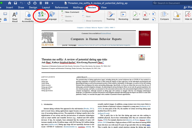 Ilustrasi cara translate jurnal di Microsoft Word