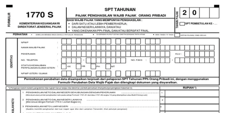 Jenis formulir SPT Tahunan Wajib Pajak Orang Pribadi, formulir 1770 S.