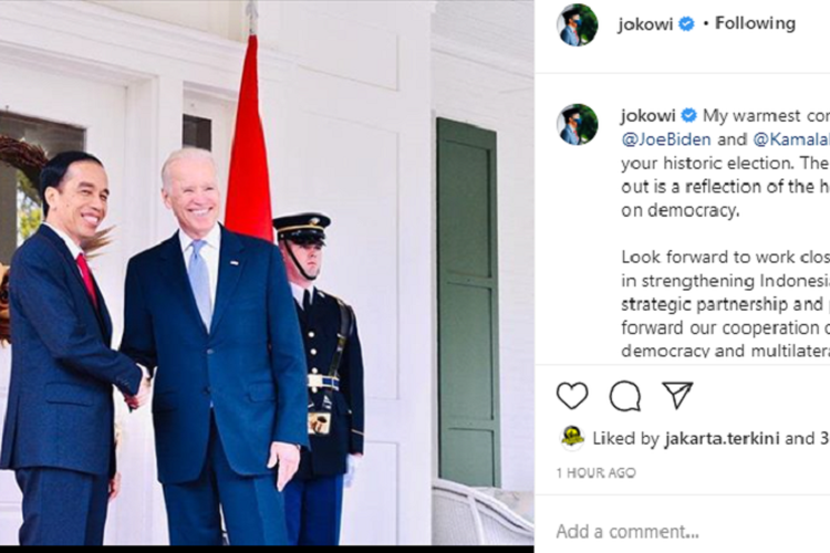 Ucapan selamat Presiden Joko Widodo untuk presiden terpilih Amerika Serikat Joe Biden dan wakil presiden terpilih Kamala Haris di akun instagram @Jokowi, Minggu (8/10/2020).  