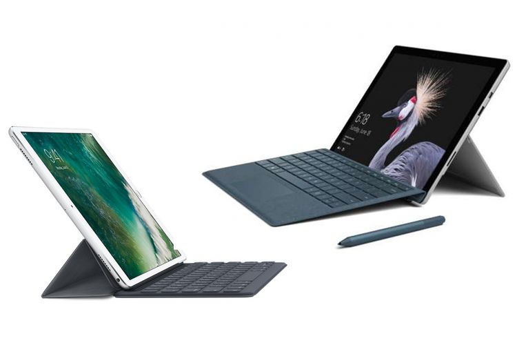 Tablet Apple iPad Pro (kiri) dan Microsoft Surface Pro.