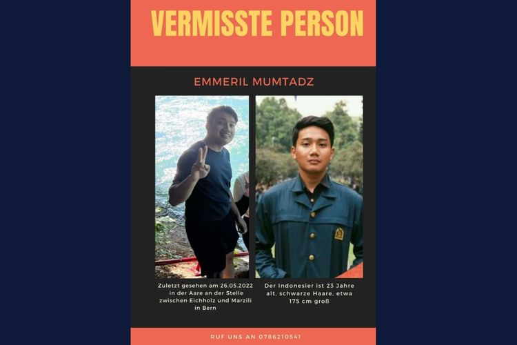 Poster hilangnya Emmeril Khan Mumtadz (23) atau Eril, anak sulung Gubernur Jawa Barat Ridwan Kamil, saat berenang di Sungai Aare, kota Schonausteg, provinsi Bern, Swiss, Kamis (26/5/2022).