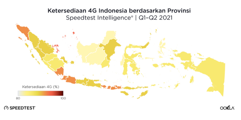 Peta ketersediaan jaringan 4G di Indonesia berdasarkan provinsi.