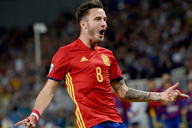 Ekspresi gelandang timnas Spanyol, Saul Niguez, setelah mencetak gol ke gawang Italia pada pertandingan semifinal Piala Eropa U-21 do  Krakow, Polandia, pada 27 Juni 2017.  