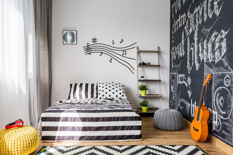 ilustrasi kamar tidur bertema musik