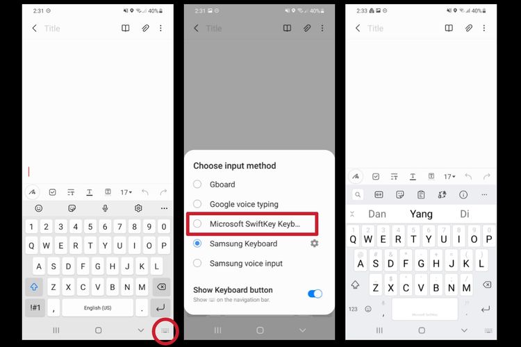 Cara mengganti keyboard di ponsel Realme, dengan opsi cepat.