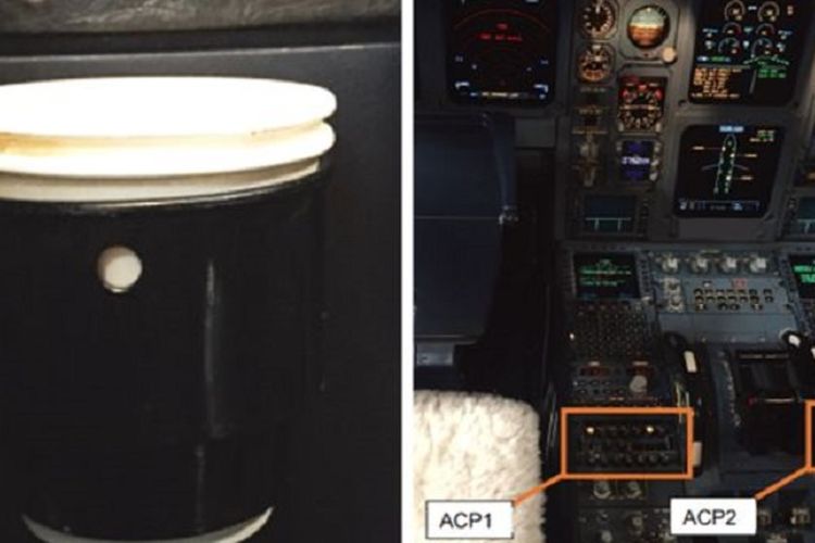 Gambar sebelah kiri adalah kopi yang hendak diminum pilot sebuah pesawat yang terbang dari Frankfurt ke Cancun pada Februari 2019. Gambar kanan adalah panel pengatur audio (ACP) yang terkena tumpahan kopi dan membuat pesawat mendarat darurat.