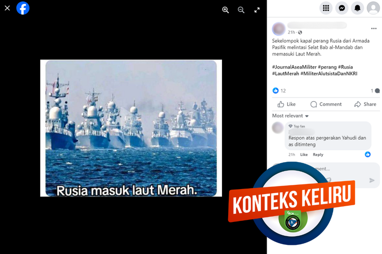 Tangkapan layar konten dengan konteks keliru di sebuah akun Facebook, Minggu (7/4/2024), berisi foto kapal perang Rusia memasuki Laut Merah.