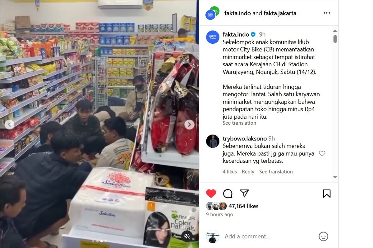 Sebuah video viral yang memperlihatkan sekelompok pemuda dari komunitas klub motor City Bike (CB) menggunakan minimarket sebagai tempat istirahat. 