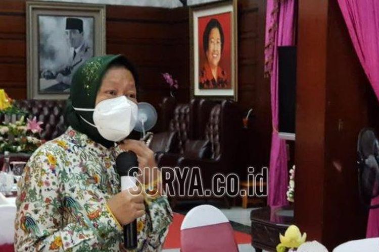 Wali Kota Surabaya Tri Rismaharini saat sambutan di momen ulang tahunnya ke-59, Jumat (20/11/2020).

