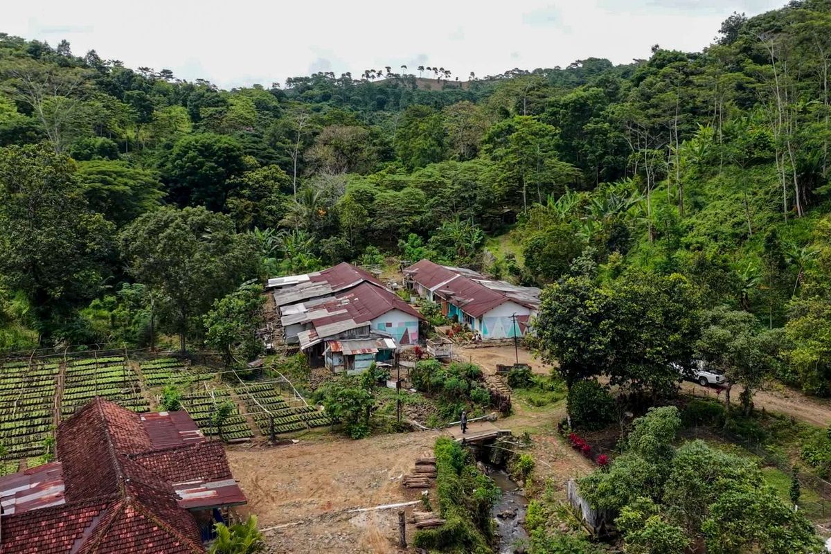 Sejumlah rumah warga di Dusun Silosanen, Desa Mulyorejo, Kecamatan Silo, Jember, Jawa Timur, Jumat (28/11/2025). Dusun Silosanen ada salah satu dusun yang masuk di sekitar area perkebunan milik BUMN, di dusun inilah terdapat warga miskin ekstrem yang menggantungkan hidupnya sebagai buruh borongan di perkebunan.