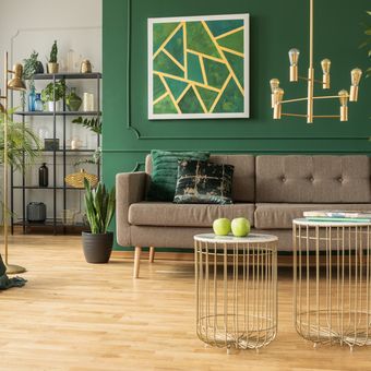 Ilustrasi ruang tamu dengan nuansa warna hijau.