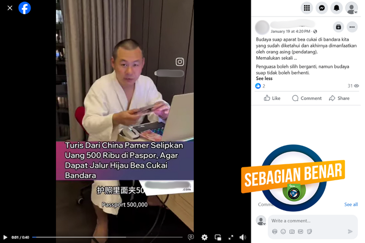 Tangkapan layar konten sebagian benar di sebuah akun Facebook, Minggu (19/1/2025), berisi video WN China menyelipkan uang di paspor sebagai bentuk suap.