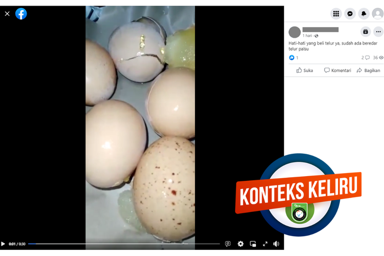 Tangkapan layar unggahan dengan narasi hoaks di sebuah akun Facebook, Senin (28/8/2023), soal telur palsu yang diklaim telah beredar di masyarakat.