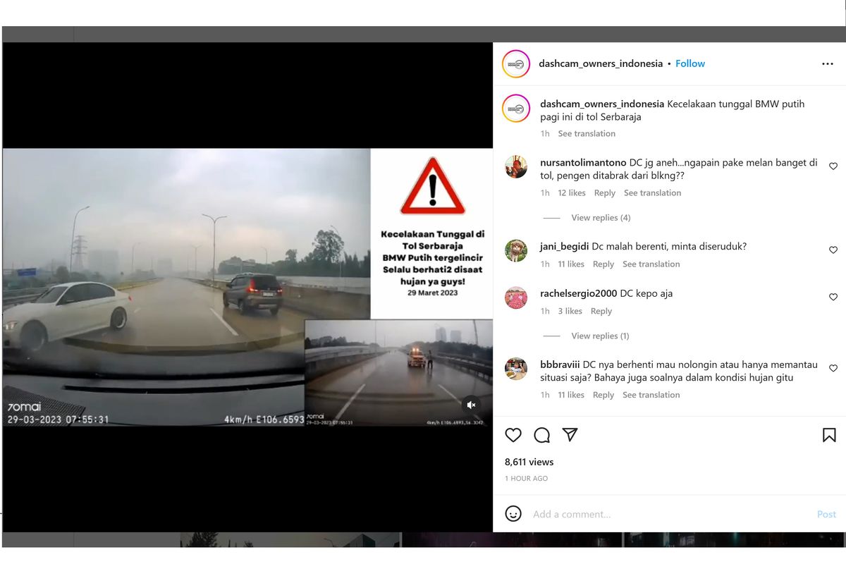 Mobil BMW yang tergelincir karena jalan licin di Jalan Tol Serpong?Balaraja, pada (29/3/2023). 