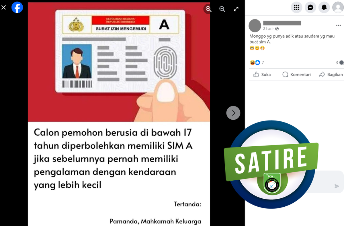 Tangkapan layar konten satire di sebuah akun Facebook, Selasa (17/10/2023), soal batas usia dan syarat pemohon SIM A boleh di bawah 17 tahun.