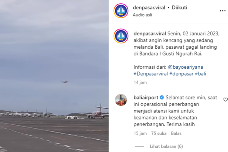 Tangkapan layar unggahan video viral bernarasi pesawat gagal landing di Bandara I Gusti Ngurah Rai, Bali.