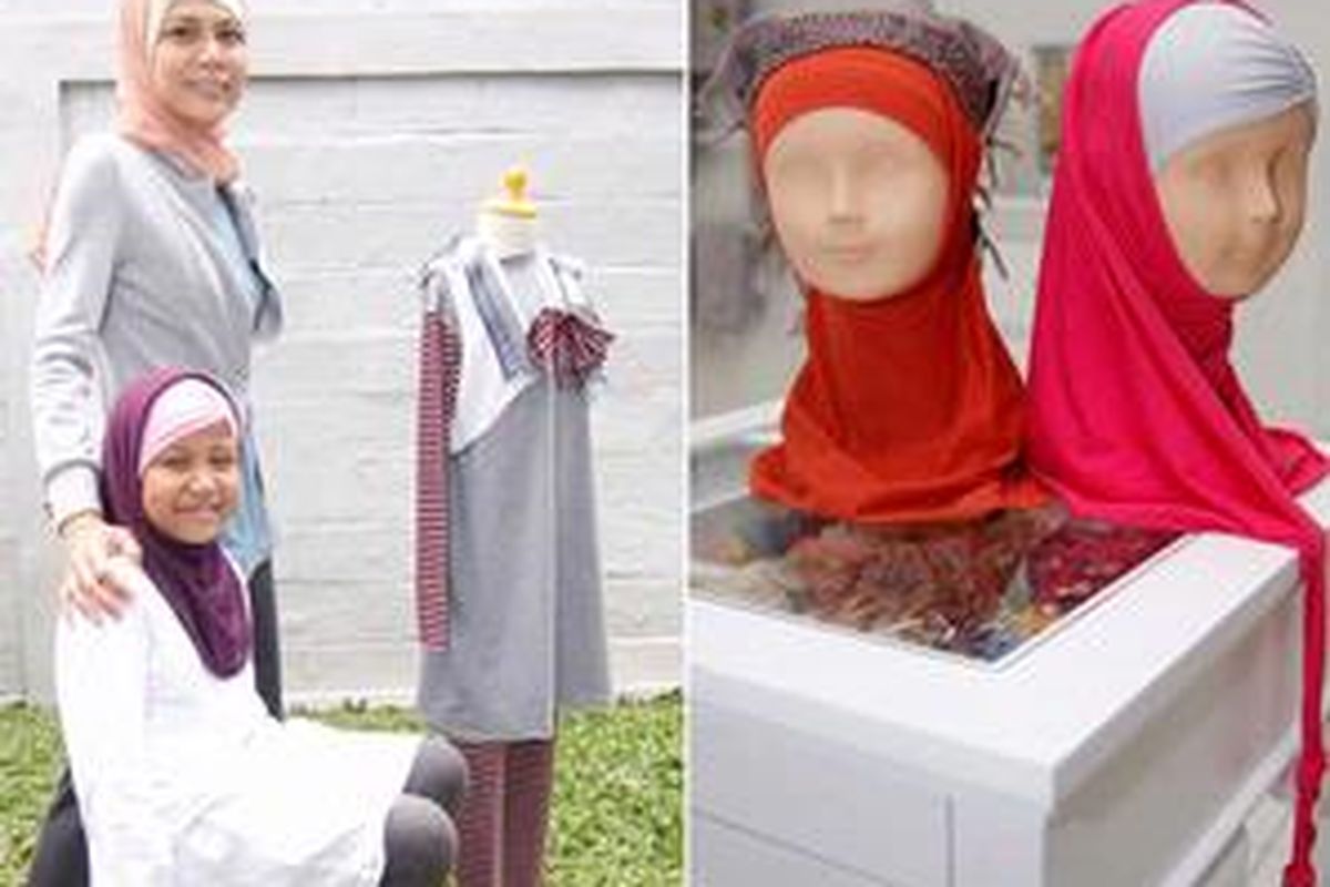 Aju Isni Karim, konsultan dan pengarah gaya di Square Atelier mengenalkan busana muslim kepada putrinya, Nares,8, dengan model kerudung yang nyaman dan cocok untuk anak aktif.