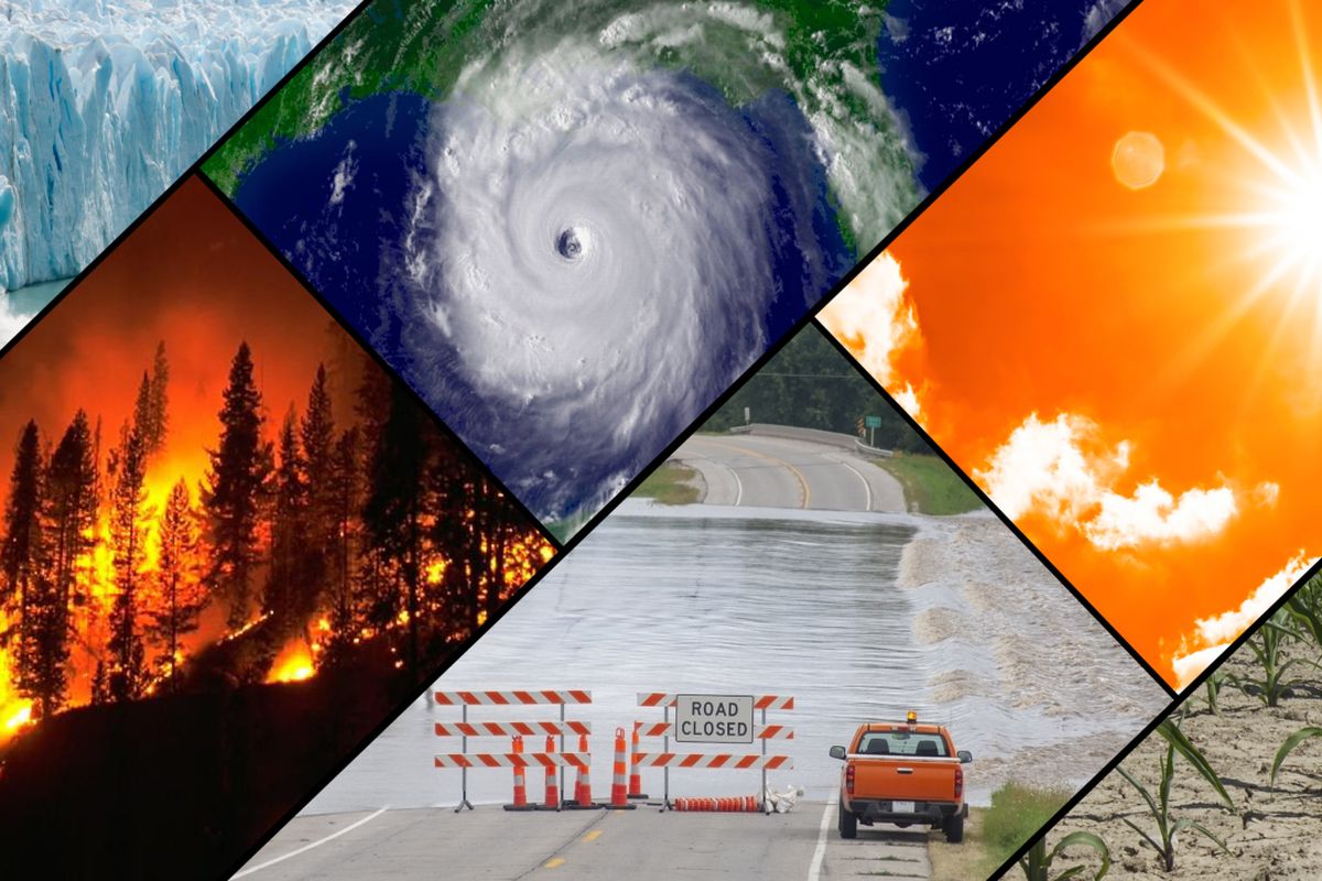 Perubahan iklim yang menyebabkan banjir, gelombang panas, kekeringan, angin topan, kebakaran hutan, dan hilangnya es glasial.