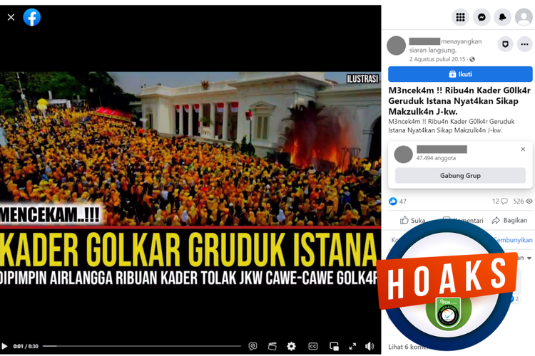 Tangkapan layar unggahan dengan narasi hoaks di sebuah akun Facebook, Rabu (2/8/2023), yang menyebut ribuan kader Partai Golkar mengepung Istana Negara.