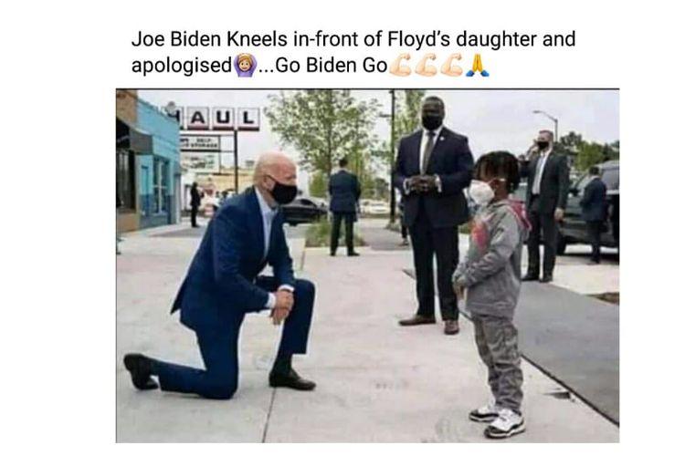 Status Facebook dengan narasi keliru bahwa Joe Biden sedang berlutut dan meminta maaf kepada anak dari George Floyd.