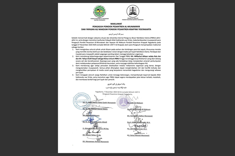 Maklumat Pesantren Krapyak yang mengimbau agar PBNU menghormati otoritas kiai sepuh.