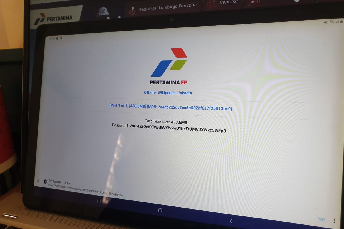 Tampilan situs domain onion dari kelompok peretas RansomEXX yang mengklaim telah membobol data internal Pertamina dan membocorkannya ke dark web.