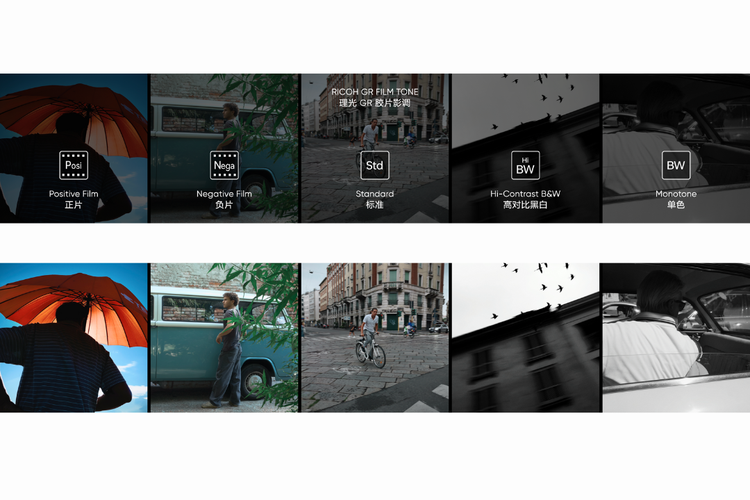 Lima tone klasik khas kamera Ricoh GR yang kini juga hadir di ponsel Realme GT 8 Pro. Kelima tone tersebut antara lain, Standard, Positive Film, Negative Film, B&W Monotone, dan High Contrast B&W.