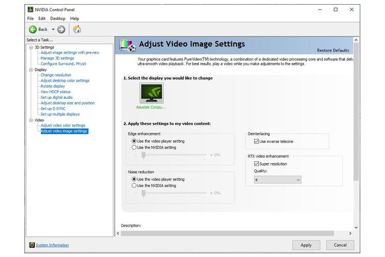 Setting untuk mengaktifkan RTX Video Super Resolution di Nvidia Control Panel