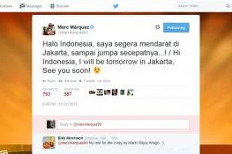 Sebelum ke Jakarta, Marc Marquez menyempatkan diri menyapa para fansnya di Jakarta menggunakan Bahasa Indonesia melalui Twitter.