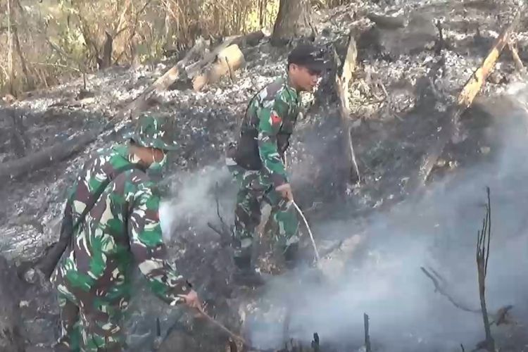 Petugas TNI Kodim 1414 Tana Toraja melakukan pemadaman api pada area kebakaran hutan dan lahan di Rindingallo, Toraja Utara, Sabtu (21/9/2019).
