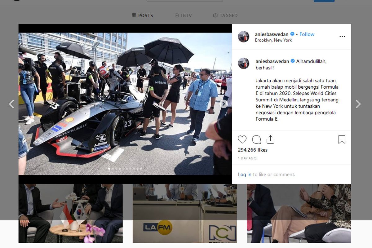 Gubernur DKI Jakarta Anies Baswedan mengumumkan Jakarta akan menjadi tuan rumah Formula E 2020 melalui akun instagramnya. 