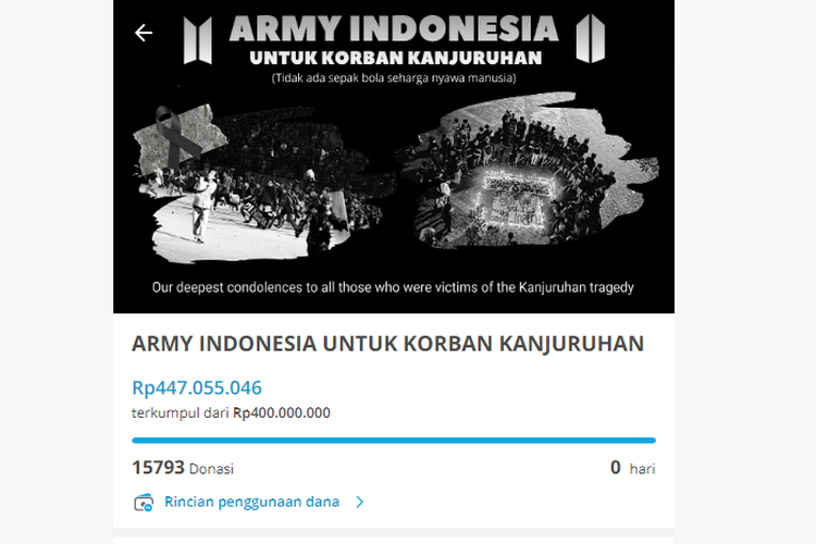Tangkapan layar BTS Army Indonesia adakan galang dana untuk korban yang terdampak tragedi di Stadion Kanjuruhan, Malang, melalui platform KitaBisa.