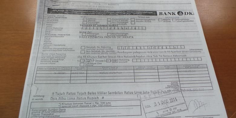 Bukti pemindahbukuan rekening Dinas Kesehatan ke rekening Yayasan Kesehatan Sumber Waras (YKSW) untuk pembelian sebagian lahan RS Sumber Waras pada APBD Perubahan 2014. 