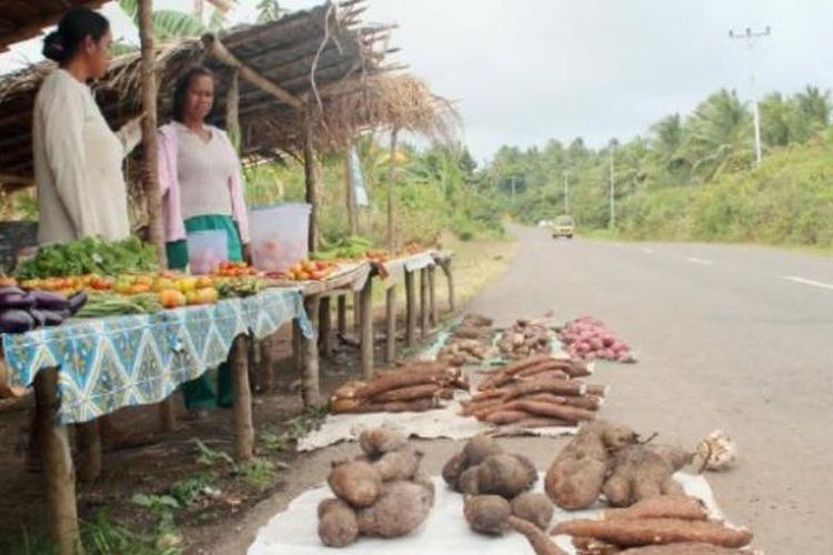 Aneka ubi dan umbi berpotensi menjadi sumber karbohidrat utama masyarakat di Kepulauan Tanimbar, Maluku Tenggara Barat, Maluku. Namun, selama ini ubi dan umbi masih dipanen, dijual, dan diolah dengan cara amat sederhana. Di Pulau Yamdena, September 2014, para petani tampak menggelar dagangan di tepi jalan sebanyak yang mereka hasilkan.