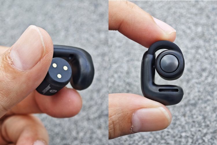 Unit TWS Bose Ultra Open Earbuds terbagi menjadi bagian driver berbentuk L dan bagian baterai silinder yang dihubungkan lengan berbahan silikon yang lentur. Terdapat sebuah tombol fisik di bagian silinder masing-masing earbuds 