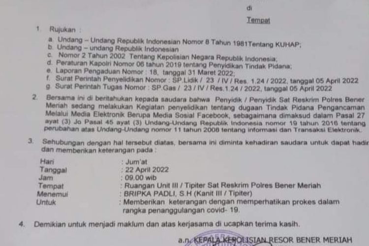 Surat pemanggilan terhadap empat orang terkait UU ITE dari Polres Bener Meriah. 