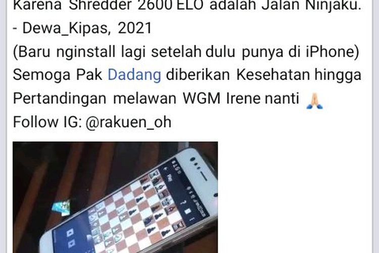 Tangkapan layar yang diduga dari akun Facebook Ali Akbar, anak Dadang Subur alias Dewa Kupas, di mana ia mengakui memakai engine chess Shredder.