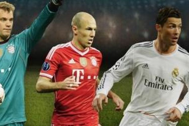 Tiga kandidat peraih UEFA Best Player 2013-14 (dari kiri ke kanan): Manuel Neuer, Arjen Robben, dan Cristiano Ronaldo.