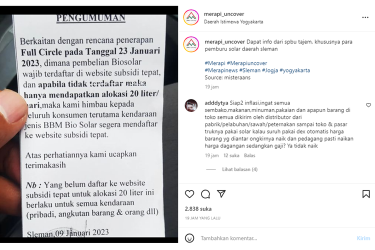 Tangkapan layar unggahan foto pengumuman terkait pembelian Biosolar di Sleman, Daerah Istimewa Yogyakarta (DIY) wajib terdaftar di website Subsidi Tepat mulai 23 Januari 2023.
