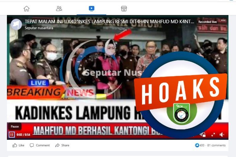 Tangkapan layar Facebook narasi yang menyebut Kadinkes Lampung Reihana resmi ditahan