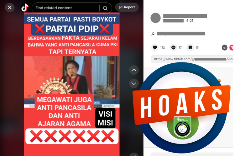 Tangkapan layar unggahan dengan narasi hoaks di sebuah akun TikTok, 21 Juni 2023, soal video Megawati disebut sebagai anti-Pancasila dan anti-ajaran agama.